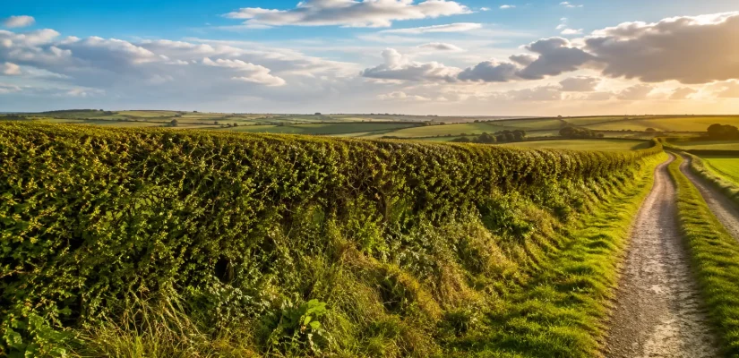 Dense rural hedgerow bordering a farm track and rolling fields beneath a bright blue sky.