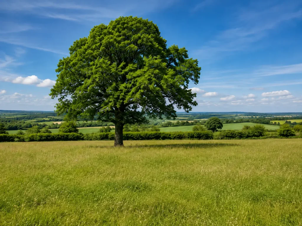 Established field tree beside a hedged countryside lane with rolling farmland illuminated by warm evening light.