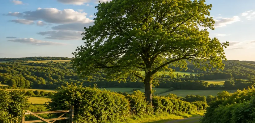 Established field tree beside a hedged countryside lane with rolling farmland illuminated by warm evening light.