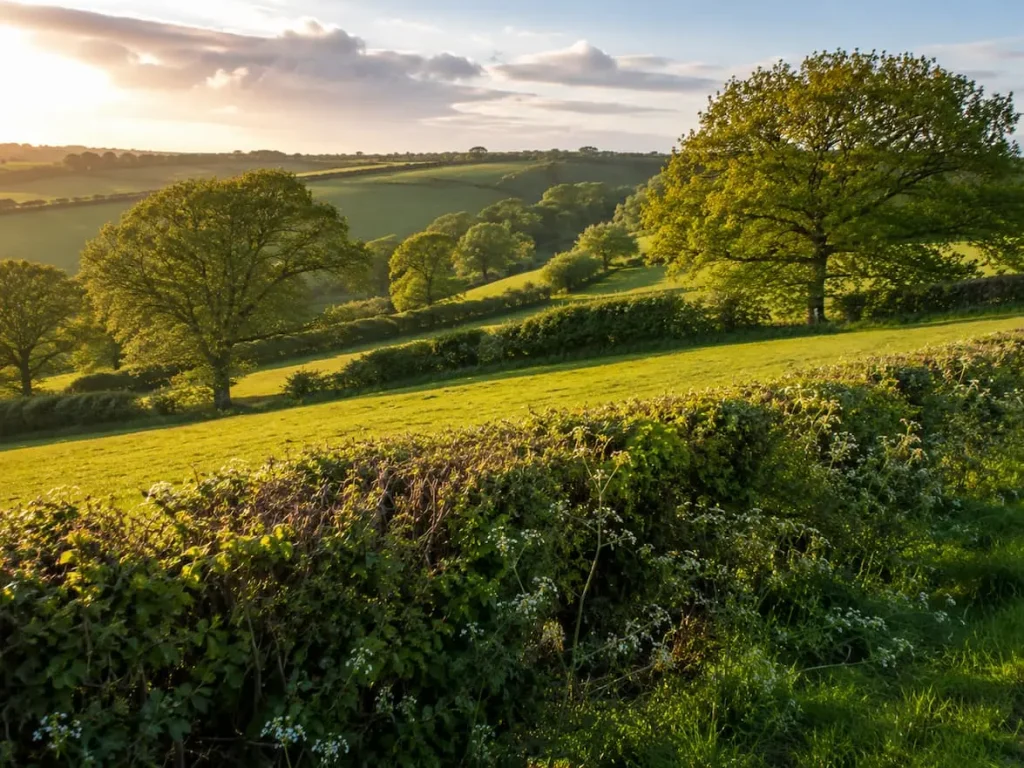 Connected hedgerows with mature trees dividing rolling farmland in warm late-afternoon sunlight.