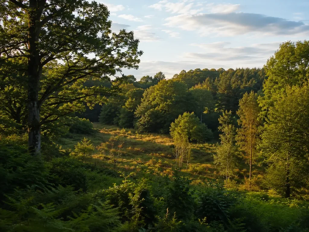 Mixed woodland landscape with broadleaved trees, conifers, young regeneration and an open clearing illuminated by warm evening light.