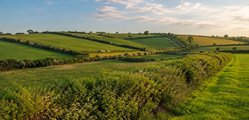 Connected native hedgerows dividing rolling green fields in warm evening light.