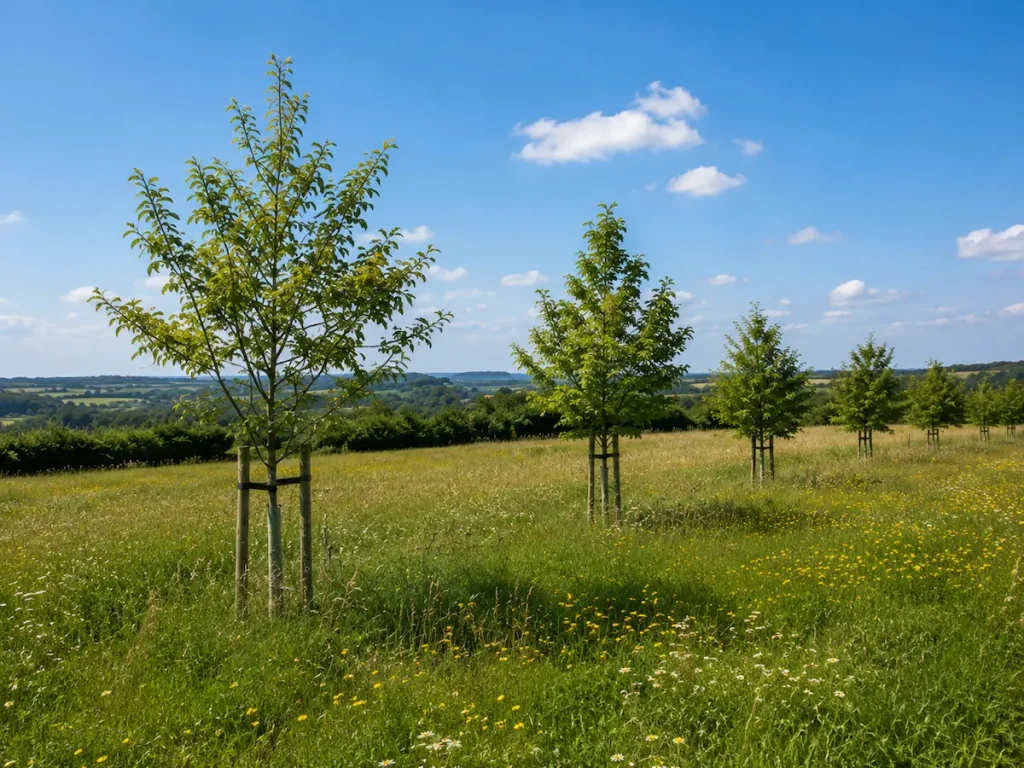 Newly planted individual trees with protective supports spaced across open grassland beneath a clear blue sky.