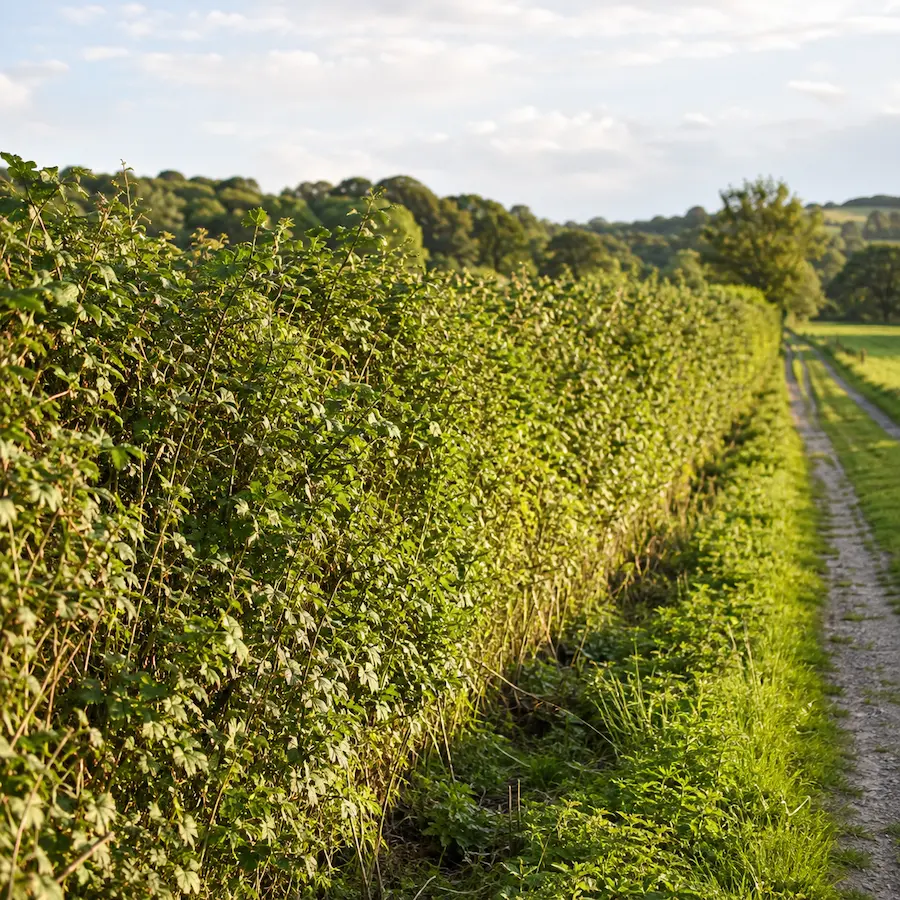 Sunlit hedgerow lining a narrow country path with open farmland and soft late-afternoon light.